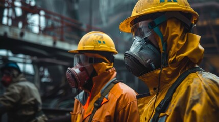 Fototapeta premium Two workers clad in yellow hazmat suits and gas masks stand at an industrial facility.