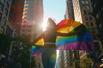 horizontal image of a lady seen from behind while walking in the street waving a rainbow flag in the context of the gay pride celebrations
