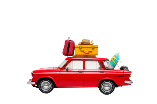 Retro car with luggage and beach gear isolated on a transparent background. Summer vacation concept.