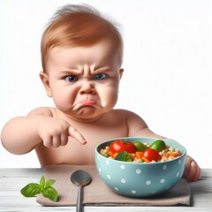 Angry baby pointing on bowl with food Isolated on white background