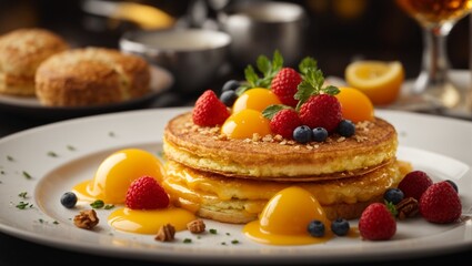 Michelin starred and fine dining breakfast, studio lighting and studio background, cinematic food photography 