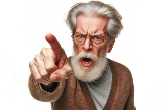 Angry old man pointing with finger Isolated on white background
