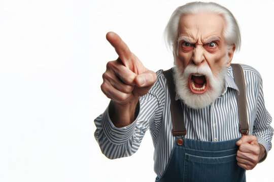 Angry old man pointing with finger Isolated on white background