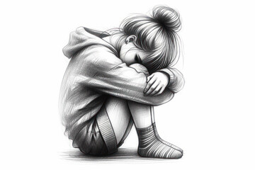 girl in depression pencil drawning on a white background