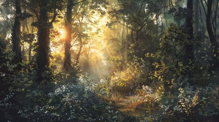 Obraz premium Soft light filters through foliage casting inviting glow wallpaper