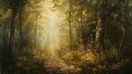 Obraz premium Soft light filters through foliage casting warm glow wallpaper