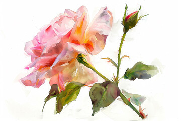 A watercolor painting of a single pink rose in full bloom with a small bud on a white background 