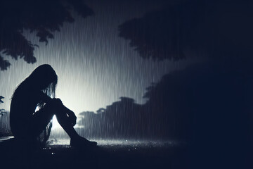 Fototapeta premium Silhouette of a lonely person sitting on a dark