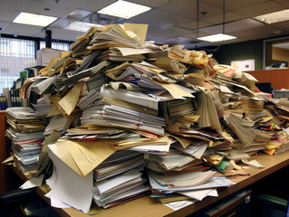 large piles of files piled up on a desk, heavy workload - ai