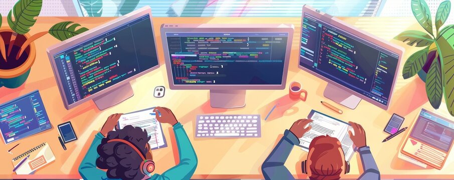 Coding software flat design top view programming theme cartoon drawing vivid