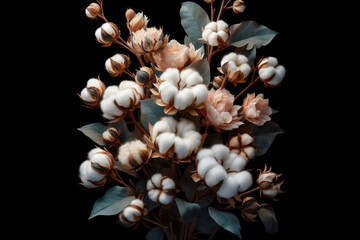 beautiful fluffy cotton flowers isolated black background