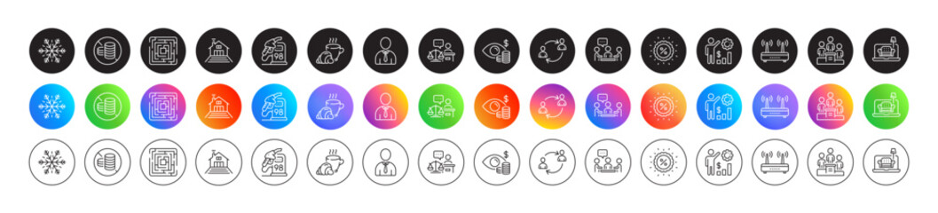 User communication, Human and Furniture line icons. Round icon gradient buttons. Pack of Wifi, Court judge, No cash icon. Discount, Coffee break, Air conditioning pictogram. Vector