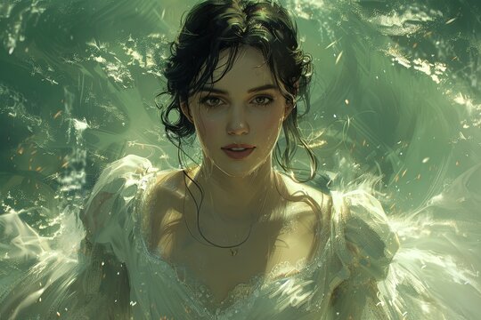 Cassandra Cain: White Gown Portrait with Flowing Hair - Digital Art Inspired by Classic Elegance