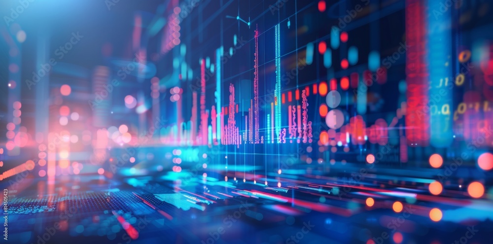 Poster digital stock market graph background in the style of blue light and bokeh
