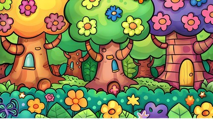 A colorful, whimsical landscape with stylized trees that have faces and doorways, suggesting they are living entities or homes. There are vibrant flowers of various shapes and sizes.
