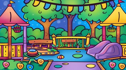 a colorful playground scene featuring a variety of play equipment such as slides, swings, and set amidst lush greenery with trees and shrubs under a starry sky that adds to the whimsical atmosphere 