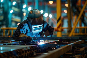 A welding specialist repairs metal structures at an offshore oil plant 