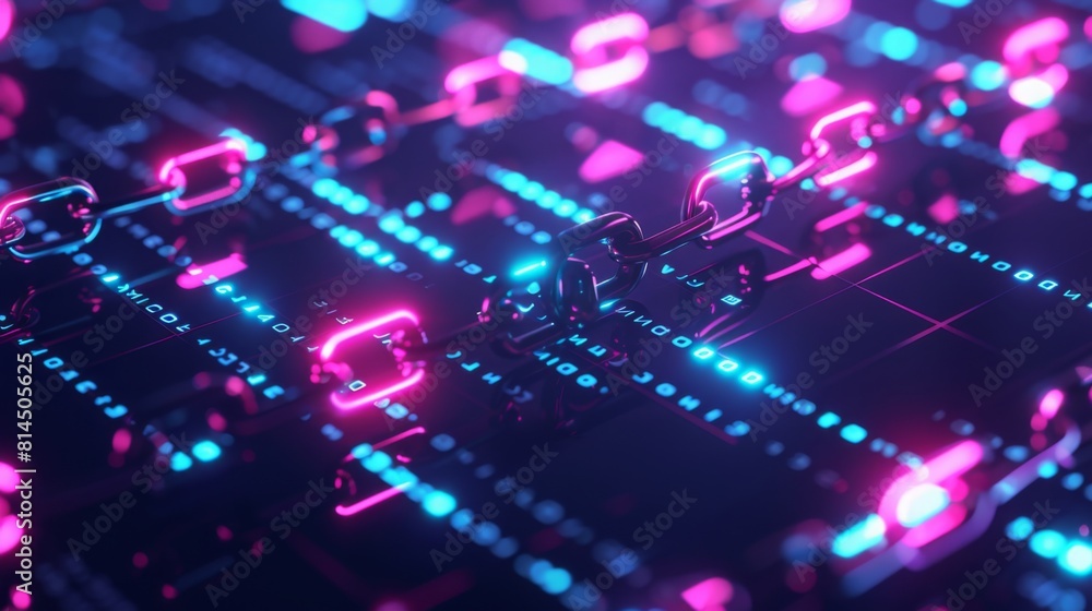 Poster a close-up view of a digital blockchain structure, illustrating interconnected nodes with vibrant pi