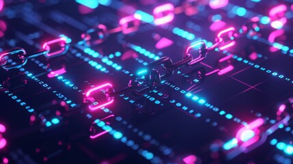 Fototapeta premium A close-up view of a digital blockchain structure, illustrating interconnected nodes with vibrant pink and blue hues.