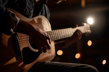 A man is playing a guitar in a dark room