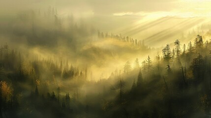 Golden rays of sunlight filter faintly through mist casting soft light wallpaper