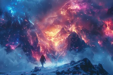 Elemental Sorcerer: Mountainous Portrait of Vibrant Energy and Lighting