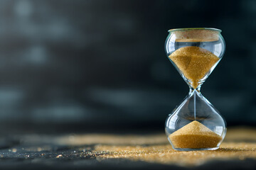 A minimalist photo of a glass hourglass with golden sand against a dark, textured backdrop, symbolizing the precise tracking of time