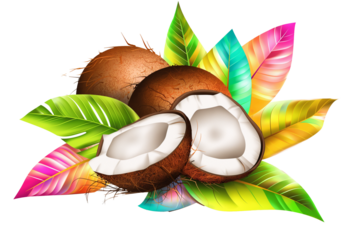 Whole and split coconuts with bright-coloured leaves isolated on a transparent background