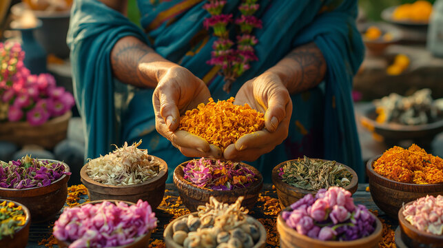 A visually elaborate image showcasing a practitioner of Ayurvedic medicine preparing herbal remedies and oils for a customized treatment plan, blending ancient wisdom with modern s