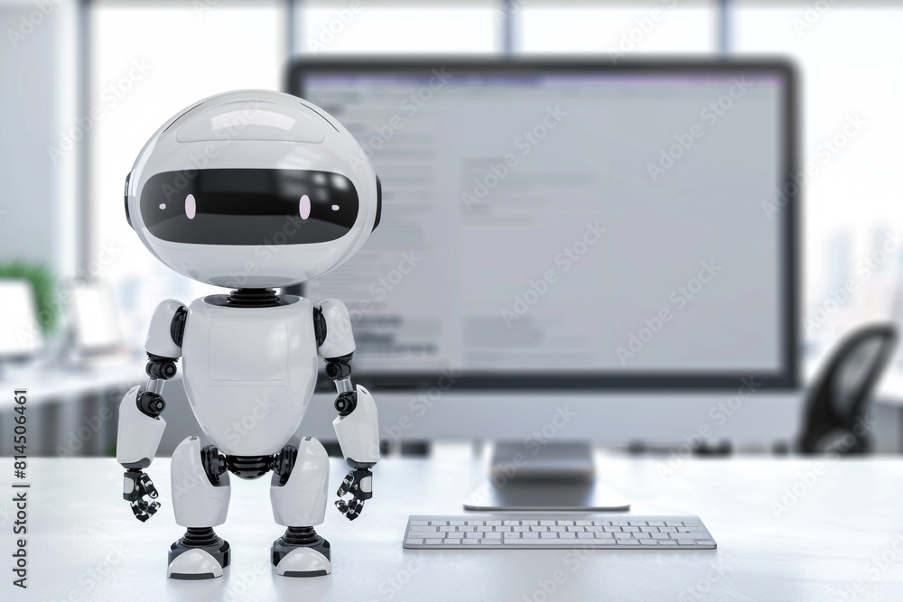 Poster a white ai robot assistant mascot standing next to blank computer screen computer mockup with blank 