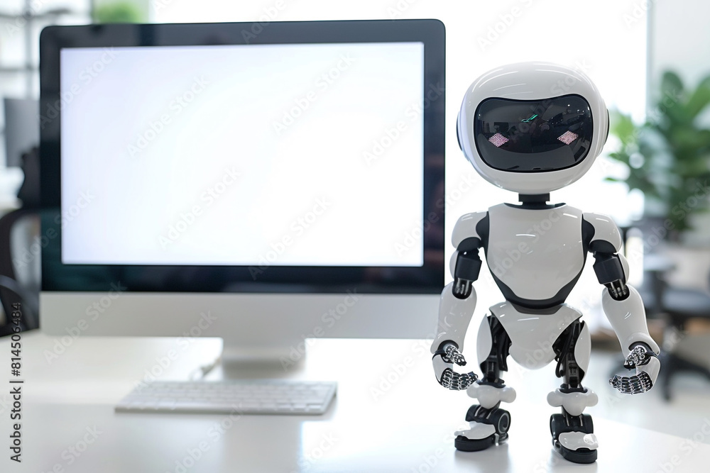 Poster a white ai robot assistant mascot standing next to blank computer screen computer mockup with blank 