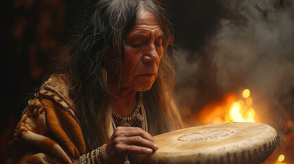 An atmospheric shot of a shamanic healing ceremony, with the shaman leading participants on a journey of self-discovery and transformation through drumming, chanting, and ritual da