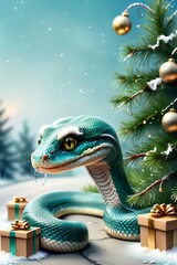 Fototapeta premium New Year snake with gifts under the Christmas tree, New Year card
