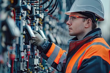 Fototapeta premium Electrical Engineer Inspecting Control Panel