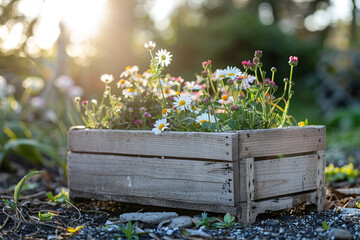 a wooden box with garden flowers stands on the ground against the backdrop of a spring garden 