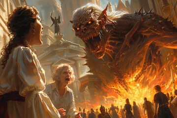 Obraz premium Sharp-Toothed Dark Figure Yelling at Elderly Woman in City Crowds