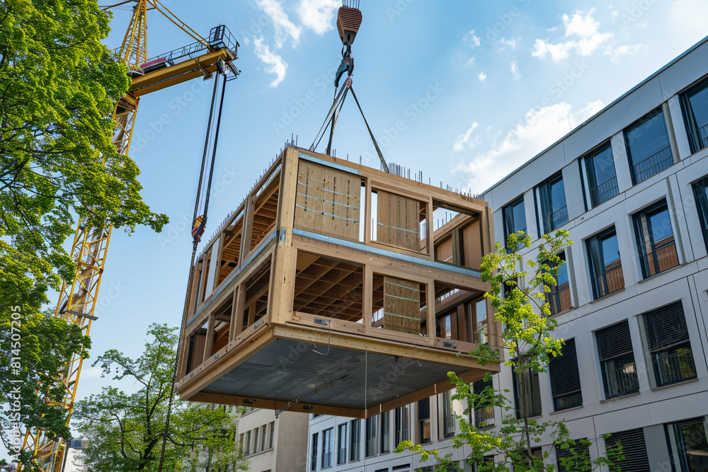 Poster a wooden building module is raised by a crane and placed into the framework berlin office building u