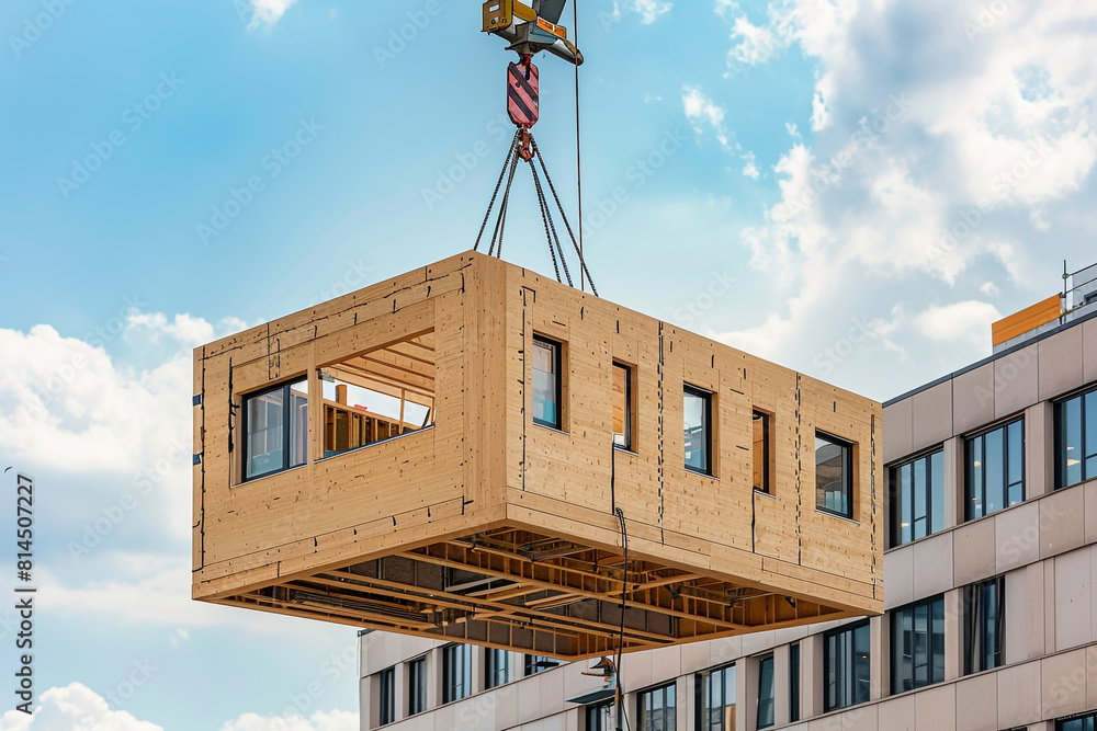 Poster a wooden building module is raised by a crane and placed into the framework berlin office building u