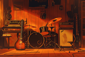 A room with a guitar, drums, and bass guitar