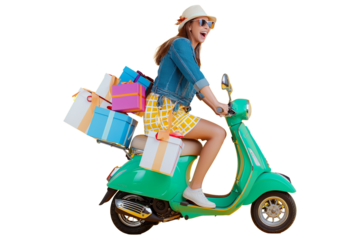 Cheerful laughing woman riding a scooter with gift boxes and paper shopping bags isolated on a transparent background