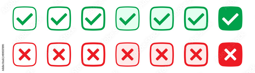 Aufkleber right or wrong icons. green tick and red cross checkmarks. yes or no symbol, approved or rejected ic