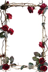 fantasy style enchanted rectangle frame with roses woven throughout isolated on a white background