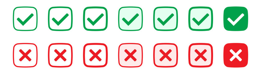 Right or wrong icons. Green tick and red cross checkmarks. Yes or no symbol, approved or rejected icon for user interface.