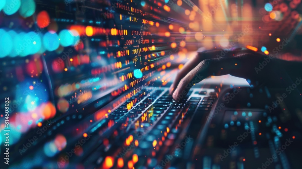 Poster hands typing on computer keyboard, with abstract code, online cyber attack, hack, threats and breach