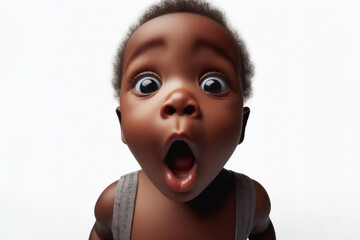 wide angle shot african baby expressing surprise and shock emotion with her mouth