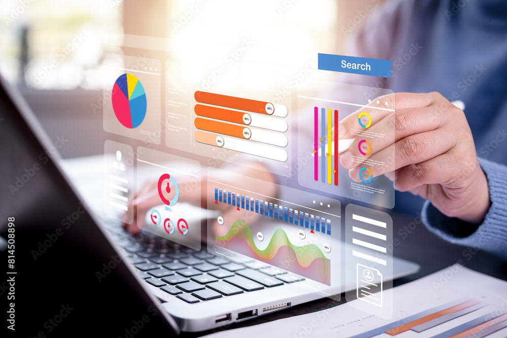 Poster businessman using a laptop with analytics and data management systems analyst working in business an