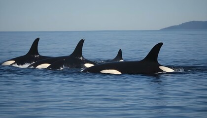 A pod of majestic orcas swimming together in the d upscaled_4