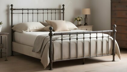 A vintage iron bed frame with a distressed finish