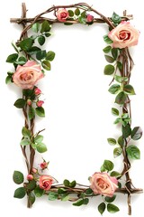 fantasy style enchanted rectangle frame with roses woven throughout isolated on a white background