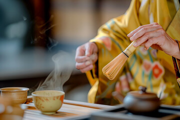 A tea ceremony master whisks matcha powder with hot water using a traditional bamboo whisk to...